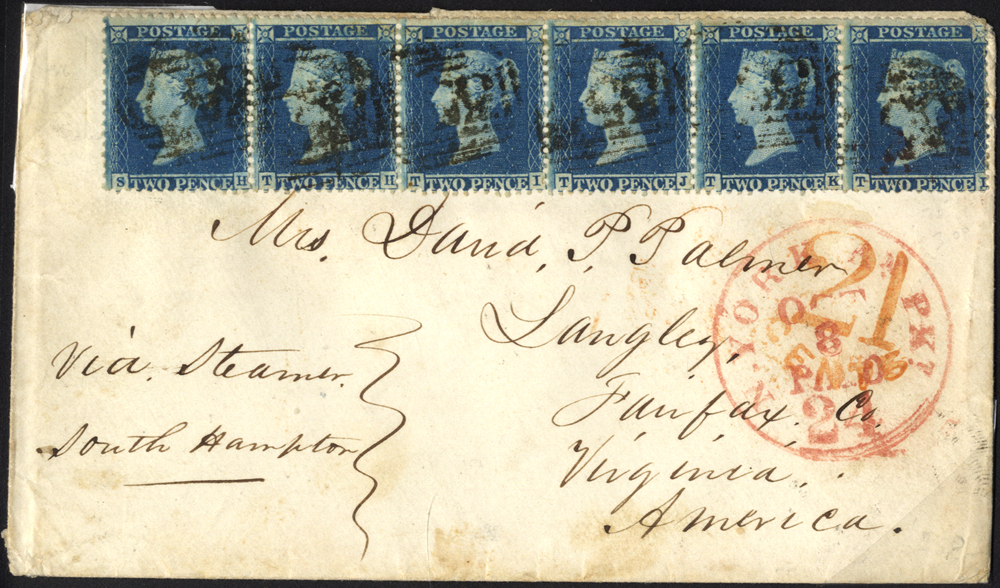 1856 MAIL NEWMARKET (CAMBS) TO VIRGINIA AMERICA/2d Blue Pl.5 (SG.35) X 6. Envelope