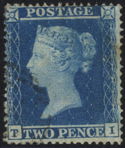 1854 2d deep blue wmk small crown. Pl.16 2d deep blue Plate 4 TI