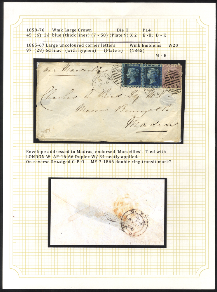 1866 envelope London to Madras via Marseilles, 2d blue Pl.9 (2) EK & DK plus 6d lilac Pl.5 Wmk Emblems