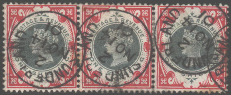 1900 1s green & carmine stripe of three, SG.214, Cat. £420++