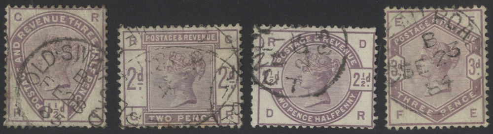 1883-84 1&frac12;d, 2d, 2&frac12;d & 3d lilac, SG.188/91, Cat. £245