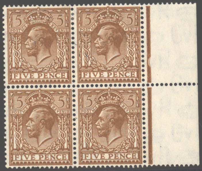 1924 Block Cypher 5d brown block of four, SG.425, Cat. £120+