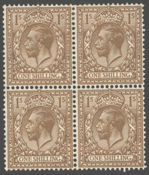 1924 Block Cypher 1s bistre brown block of four, SG.429, Cat. £144++