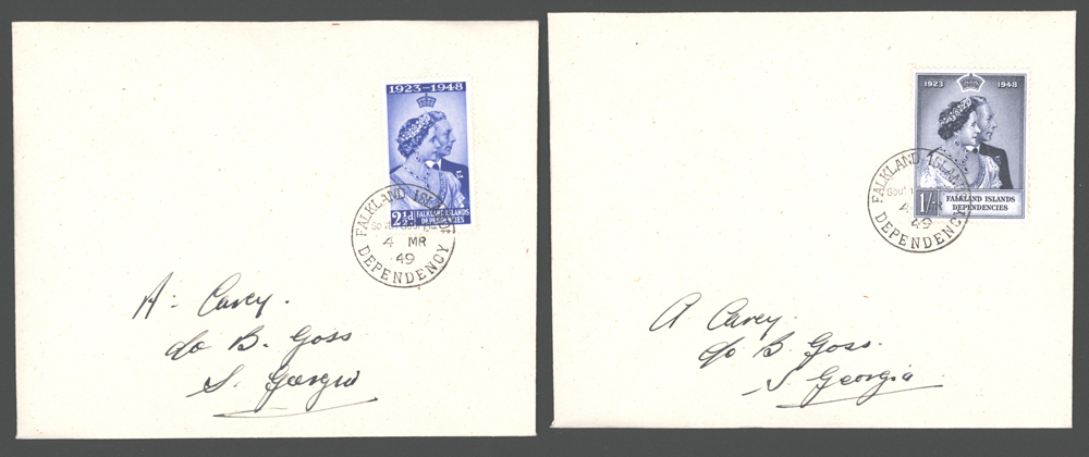 1948 Silver Wedding set, each used on a separate envelope