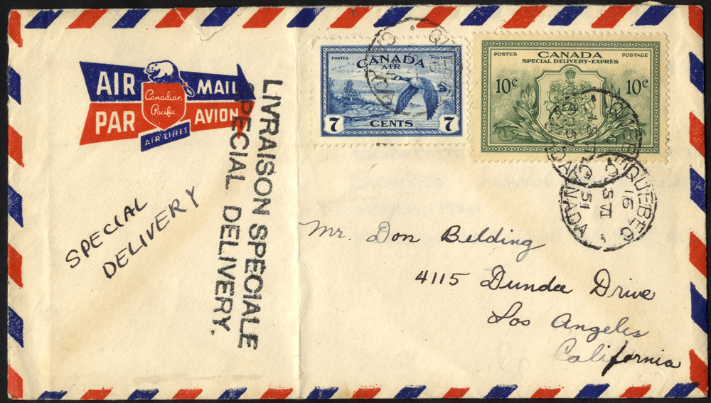 1951 airmail Special Delivery cover from Quebec to Los Angeles