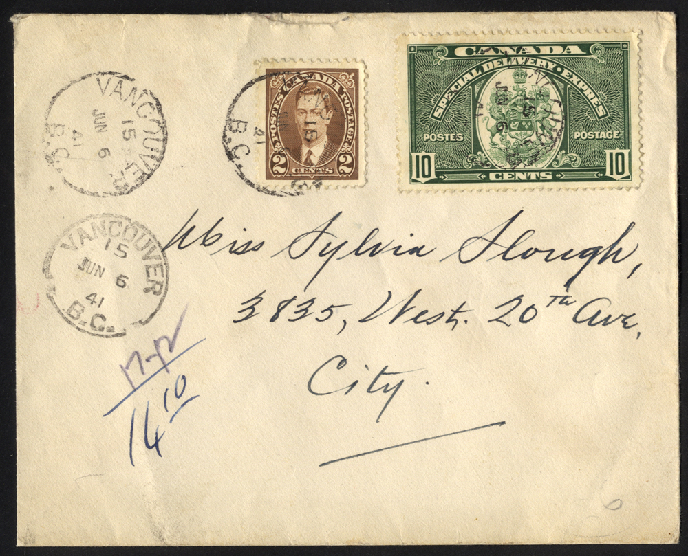 1941 local Vancouver cover franked 10c Special Delivery