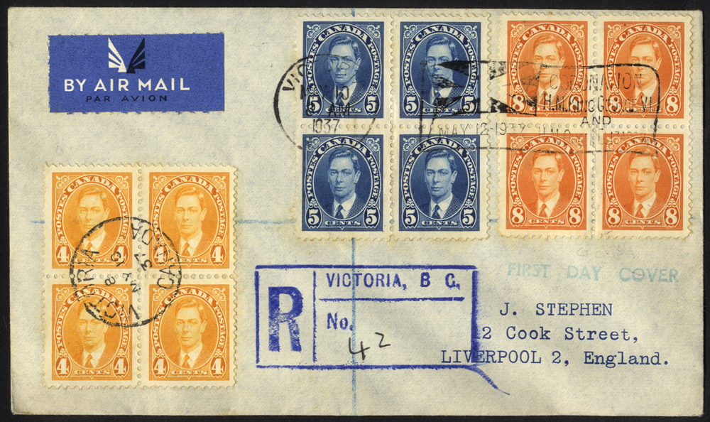 1937 May 10th KGVI defins in very fine blocks of four together on a registered 'Victoria B.C' First Day cover