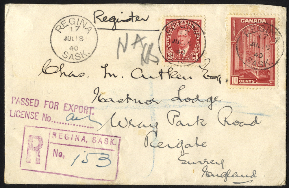 1940 reg cover Regina, Sask to Reigate, England