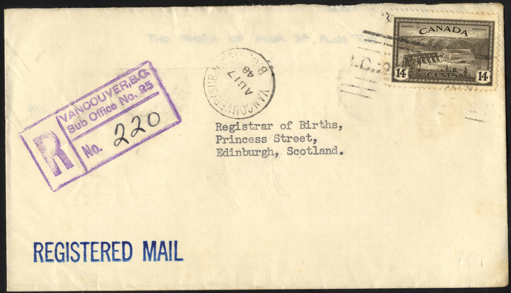1948 reg airmail cover from Vancouver to Edinburgh