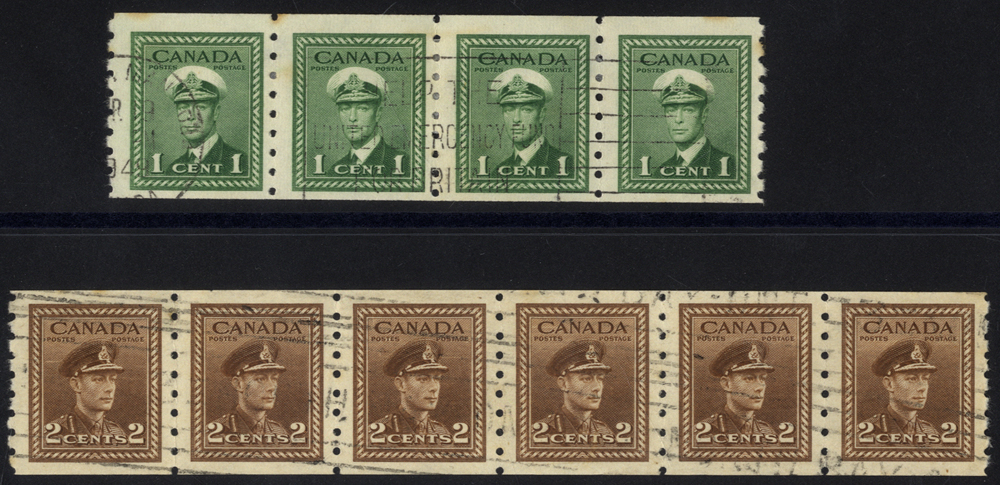 1942 coil stamps 1c strip of four & 2c strip of six, SG.389/90, Cat. £27