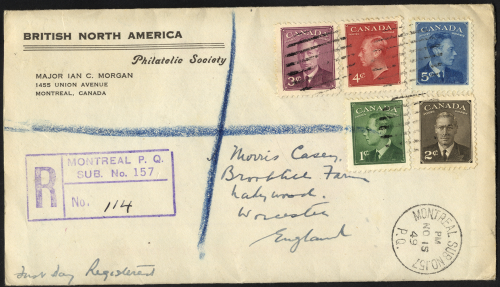 1949 Nov 15 defin 1c to 5c, on registered First Day cover.