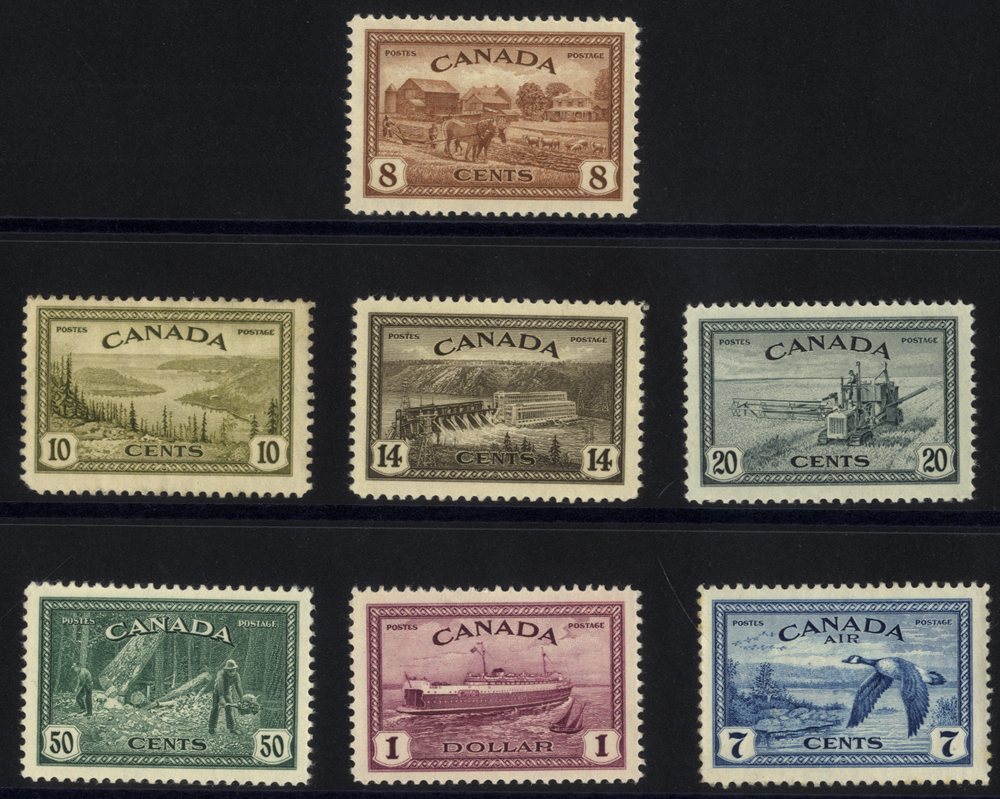 1946 Peace set, plus 7c Air, SG.401/7, Cat. £55