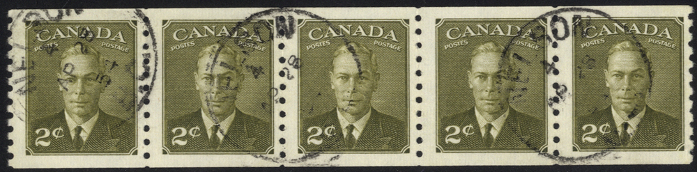 1950 2c olive green, coil strip of five, SG.420a, Cat. £30++