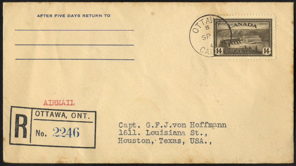 1946 reg cover from Ottawa to Houston, Texas