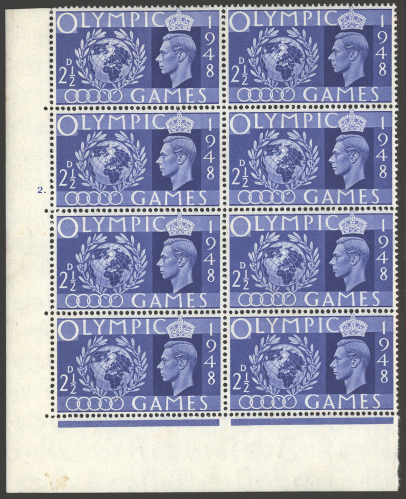 1948 Olympics 2½d cyl 2 dot UM block of eight