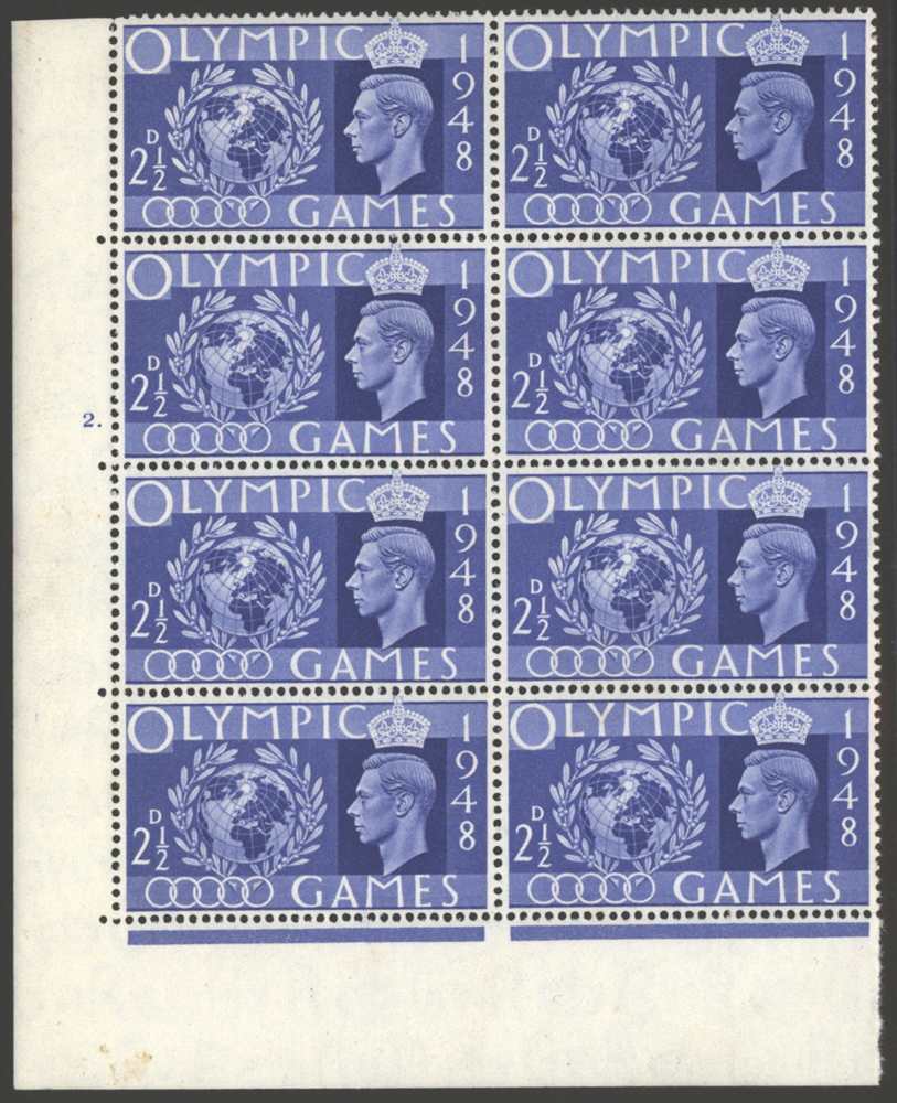 1948 Olympics 2&frac12;d cyl 2 dot UM block of eight