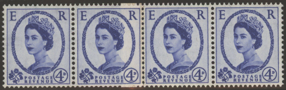 1952 Tudor Crown 4d ultramarine coil join strip of four