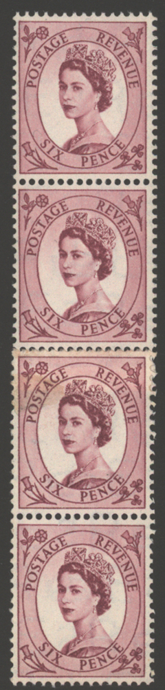 1952 Tudor Crown 6d reddish purple coil join strip of four