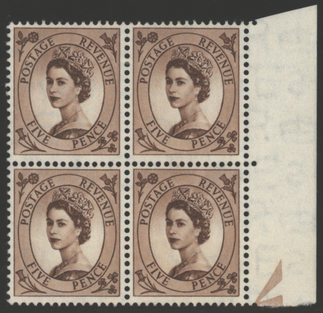 1953 Tudor Crown 5d brown marginal M block of four