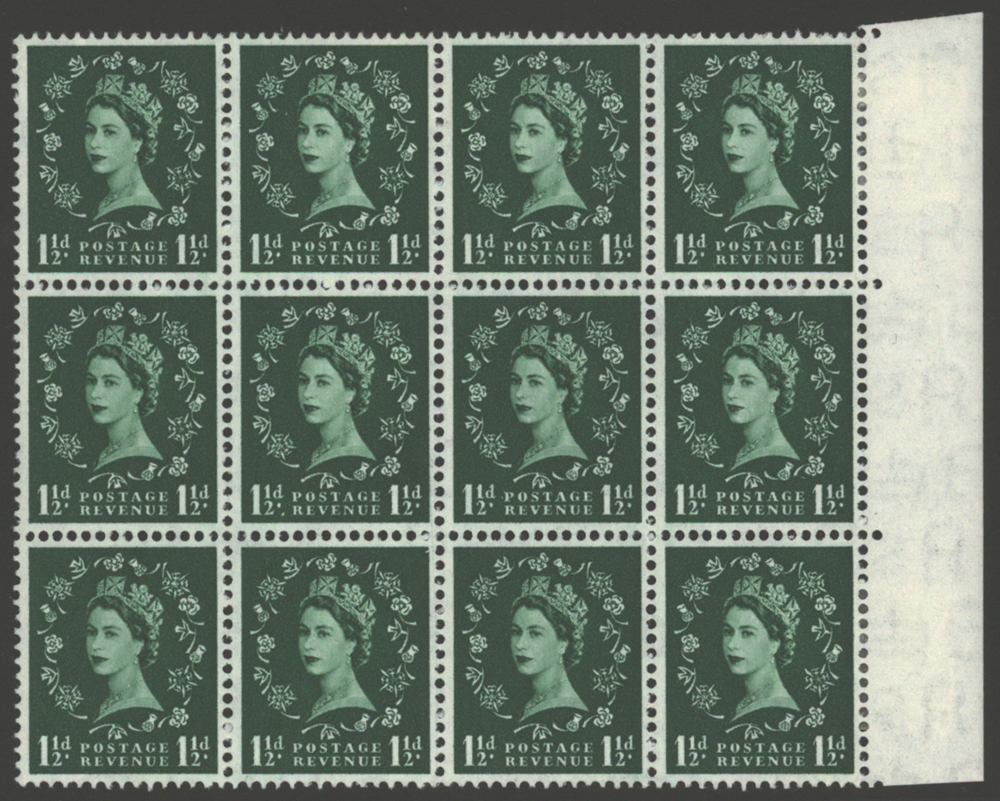 1952 Tudor Crown 1½d green right side marginal block of 12