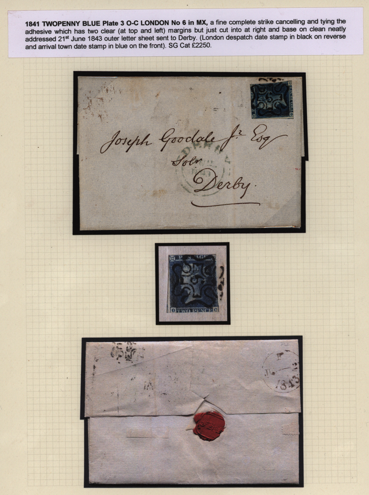 1841 2d blue Plate 3 OC on outer letter sheetsent to Derby