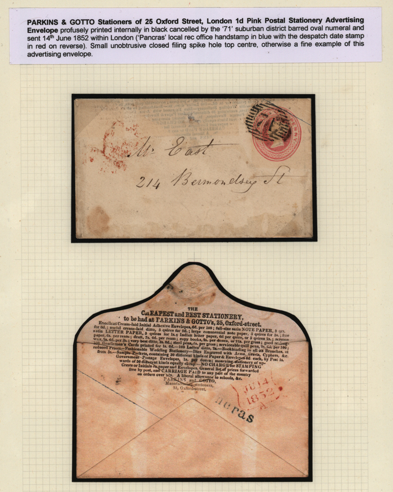 PARKINS & GOTTO Stationers 1d pink Postal Statioery Advertising Envelope