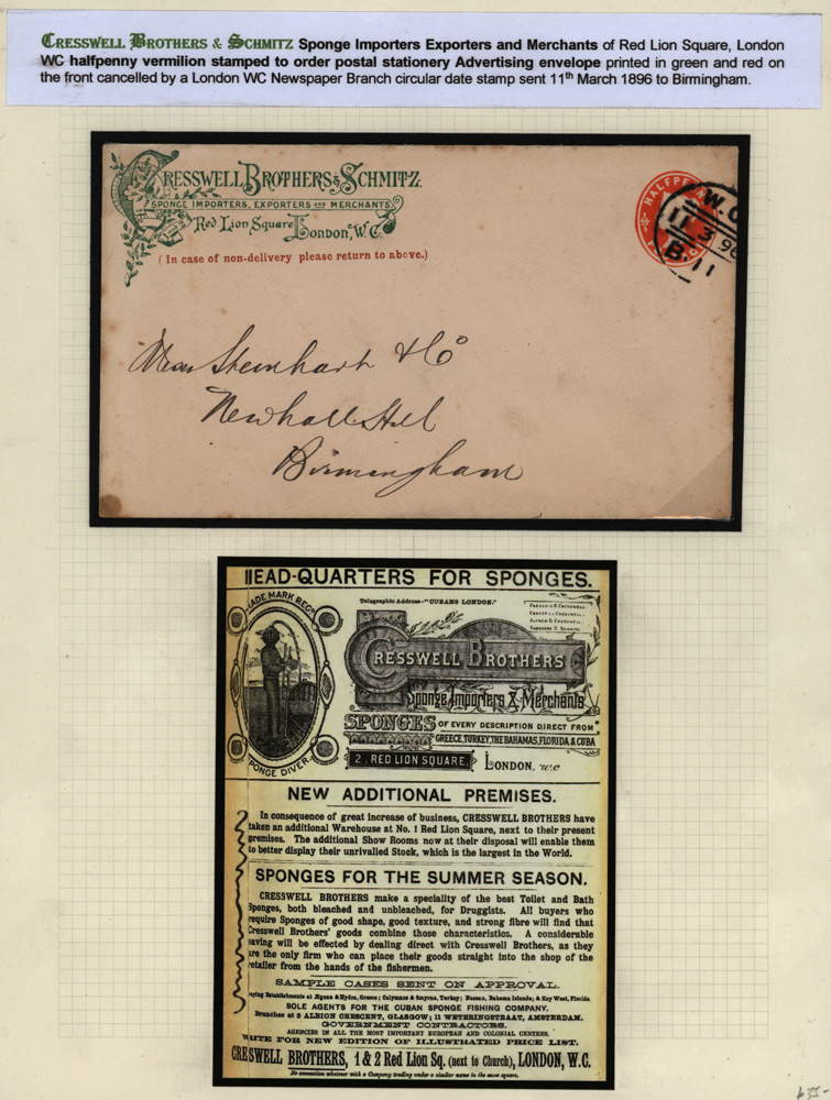 CRESSWELL BROTHERS & SCHMITZ Sponge Importers Exporters and Merhants halfpenny vermilion postal stationery Advertising Envelope