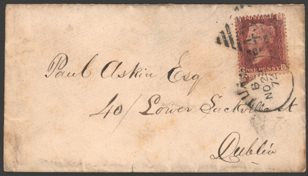 1872 1d red plate 123 on env
