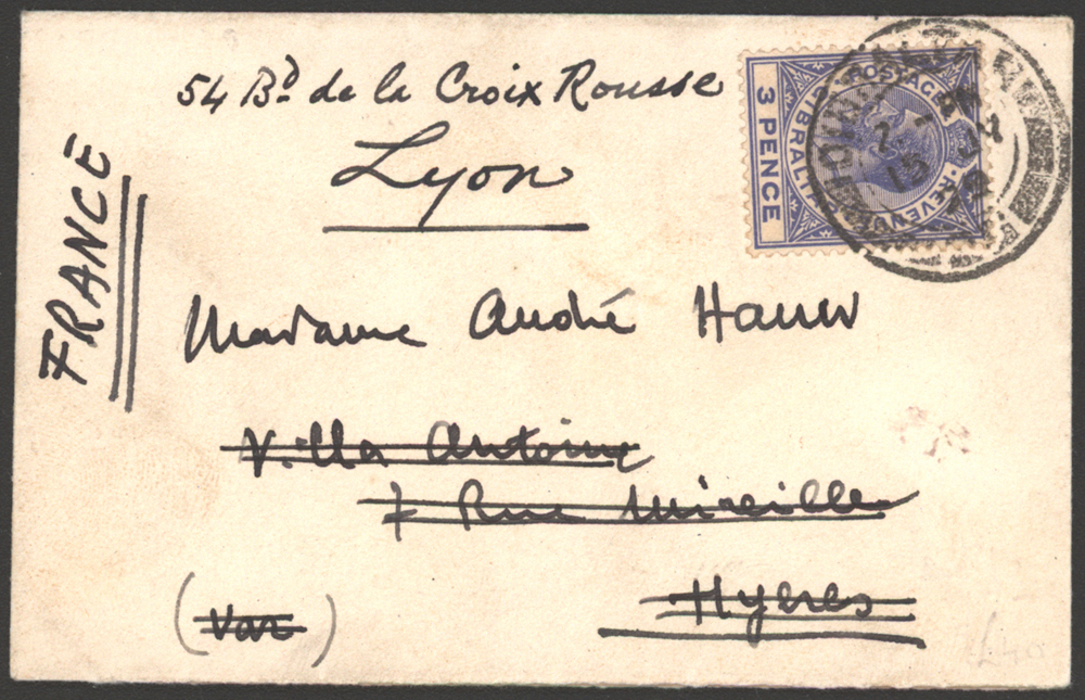 1929 cover to Hyeres then forwarded to Lyon