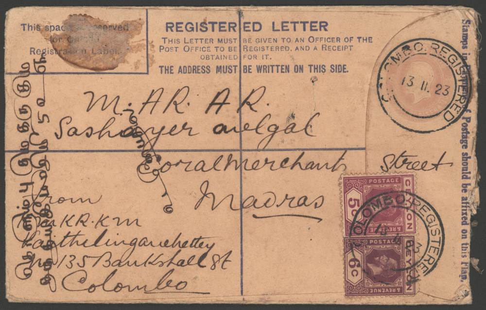 1923 registered env from Colombo to Madras.