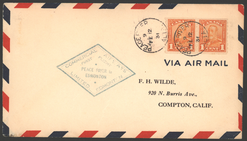 1931 commercial airways 1st flight cover from Peace River to Edmonton