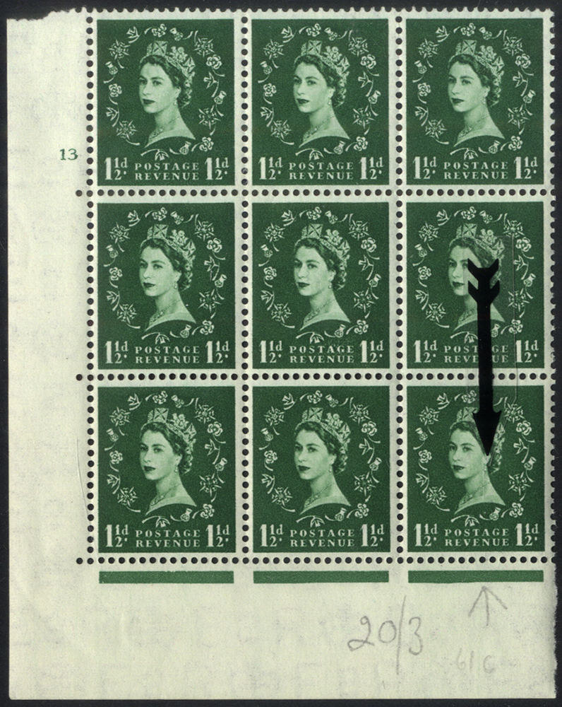 1955 Edward Crown 1&frac12;d Cyl. 13 dot block of nine (one stamp hinged)