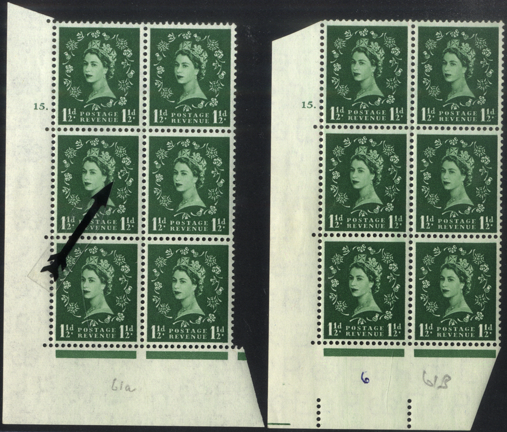 1955 Edward Crown 1&frac12;d Cyl. 15 dot block of six incl. the Butterfly flaw stamps