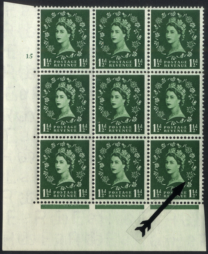 1955 Edward Crown 1&frac12;d Cyl. 15 No dot block of nine (1 stamp hinged)