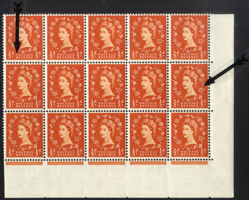 1952 Tudor Crown ½d orange red corner marginal UM block of 15