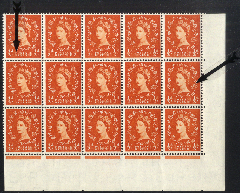 1952 Tudor Crown &frac12;d orange red corner marginal UM block of 15