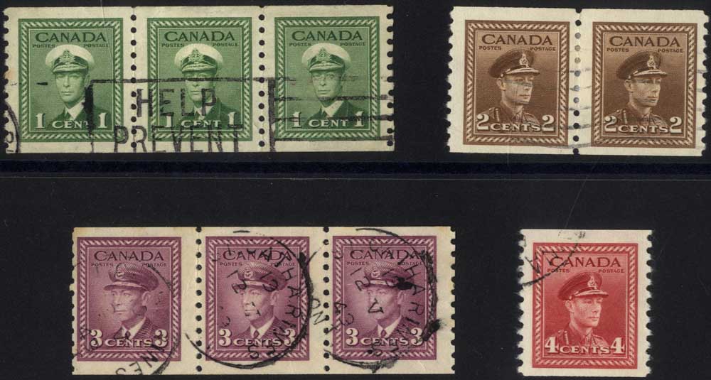 1942-48 1c, 2c & 3c coil strips/pair. 4c single