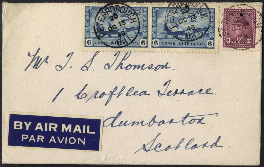 1948 airmail cover from Peterborough, Ontario to Dumbarton, Scotland