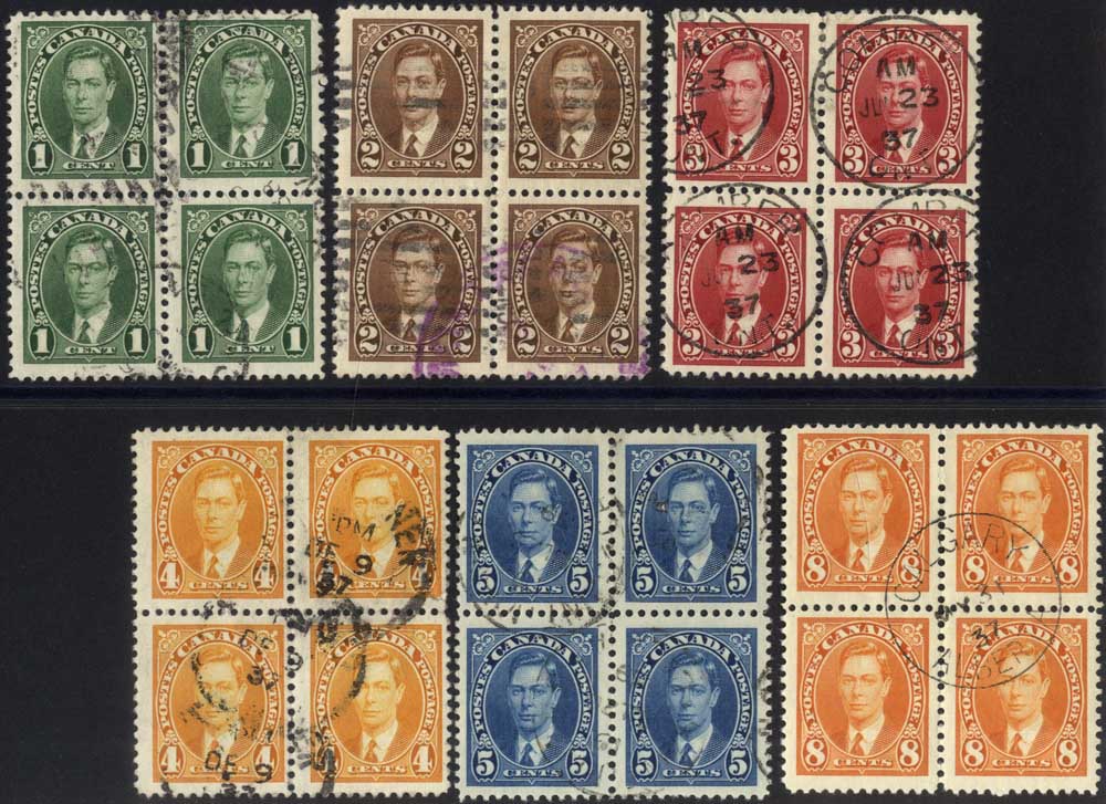 1937-38 1c, 2c, 3c, 4c, 5c & 8c defins in FU Blocks of Four