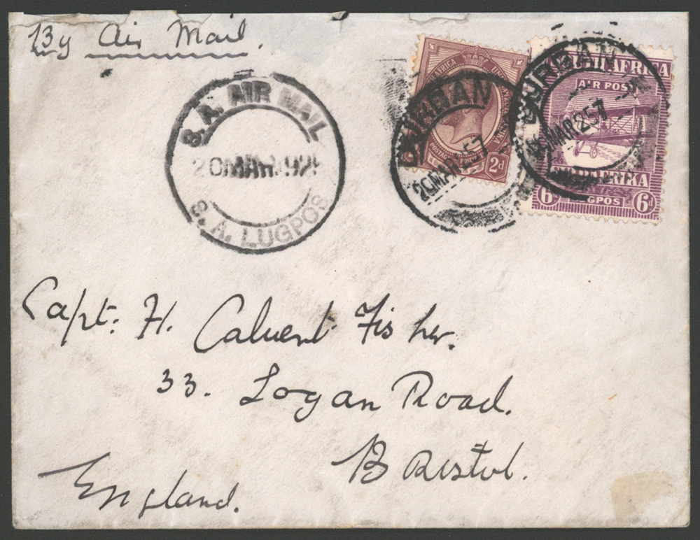 1925 airmail cover Durban to Bristol
