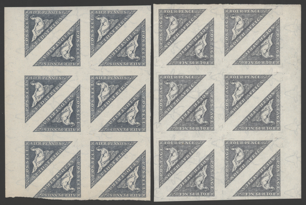 1926 Hope 4d grey blue triangle in UM marginal blocks of 12 in both English & Afrikaans
