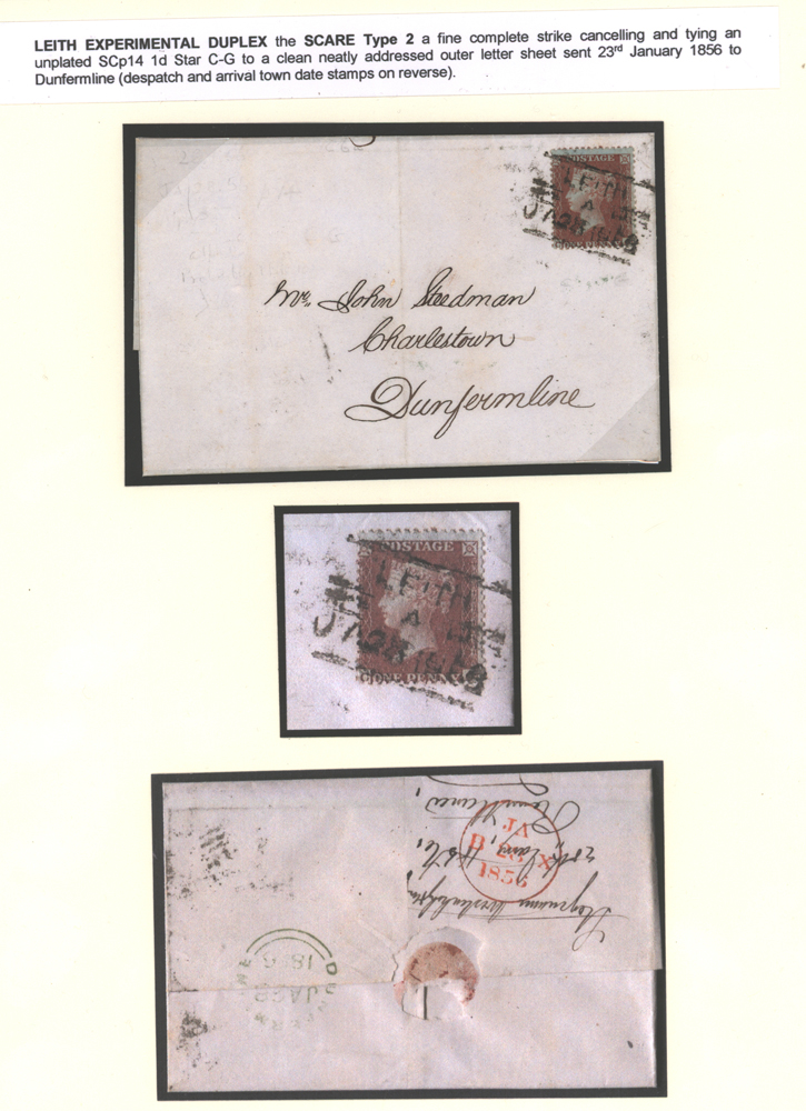 LEITH EXPERIMENTAL DUPLEX tying an unplated small crown P.14 1d star C-G to a clean neatly addressed outer letter sheet