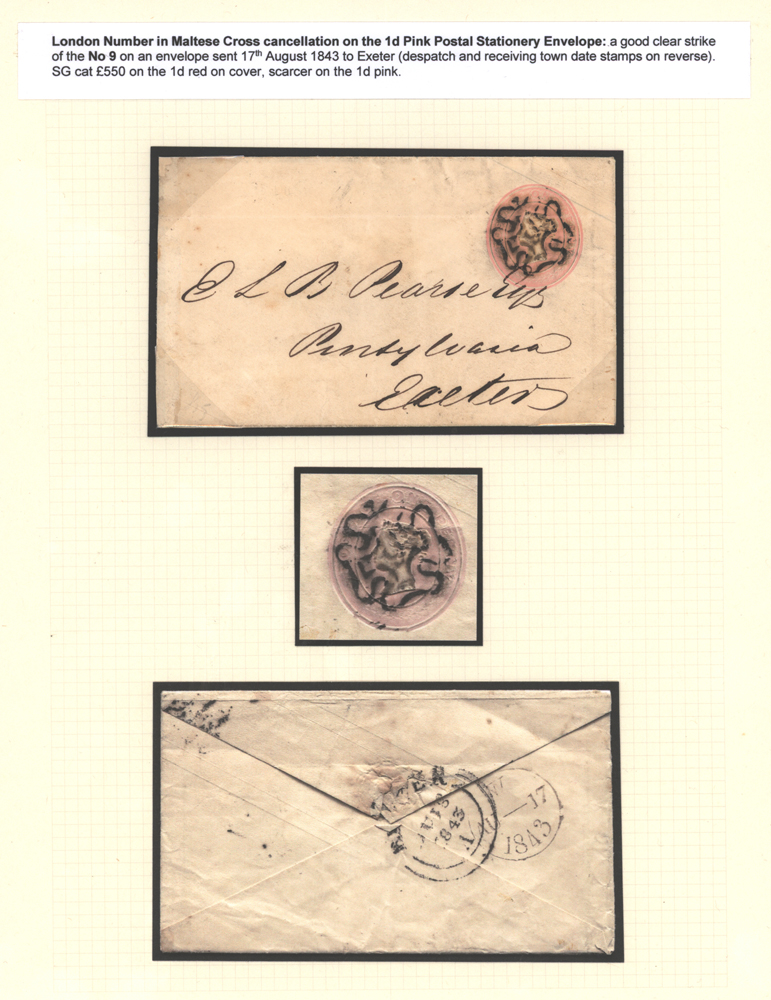 London Number in Maltese Cross cancellation on the 1d Pink postal stationery Envelope sent to Exeter