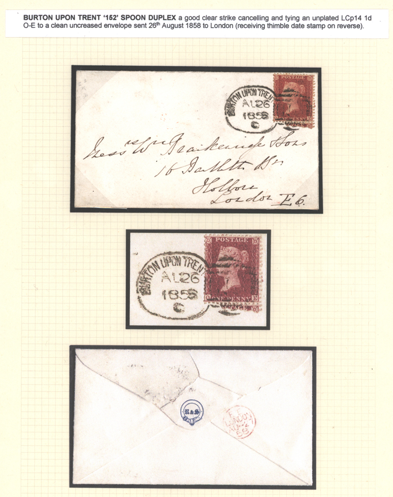 Burton Upon Trent '152' Spoon Duplex on a clean uncreased envelope sent to London