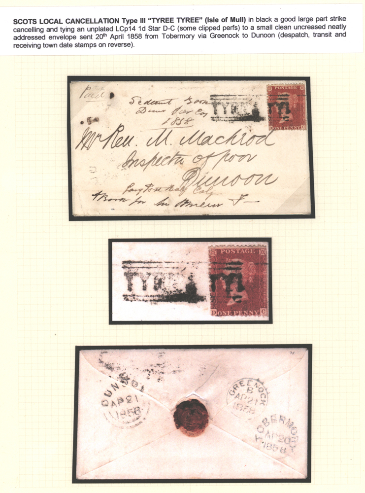 Scots Local Cancellation Type III 'TYREE TYREE' (Isle of Mull) on an envelope sent to Dunoon