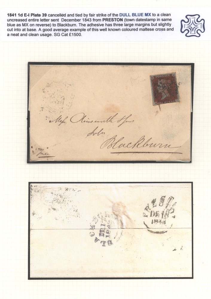 1841 1d red Plate 39 EI on an entire sent to Blackburn