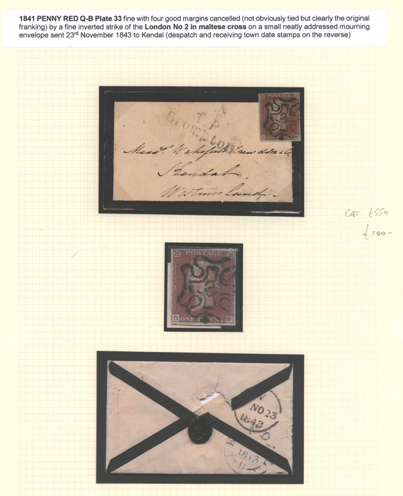 1841 Penny Red QB Plate 33 on a mournign envelope sent to Kendal