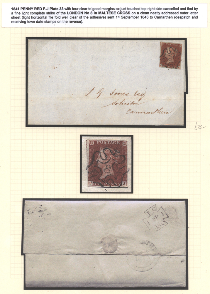 1841 Penny Red FJ Plate 33 on an outer lettersheet sent to Carmarthen