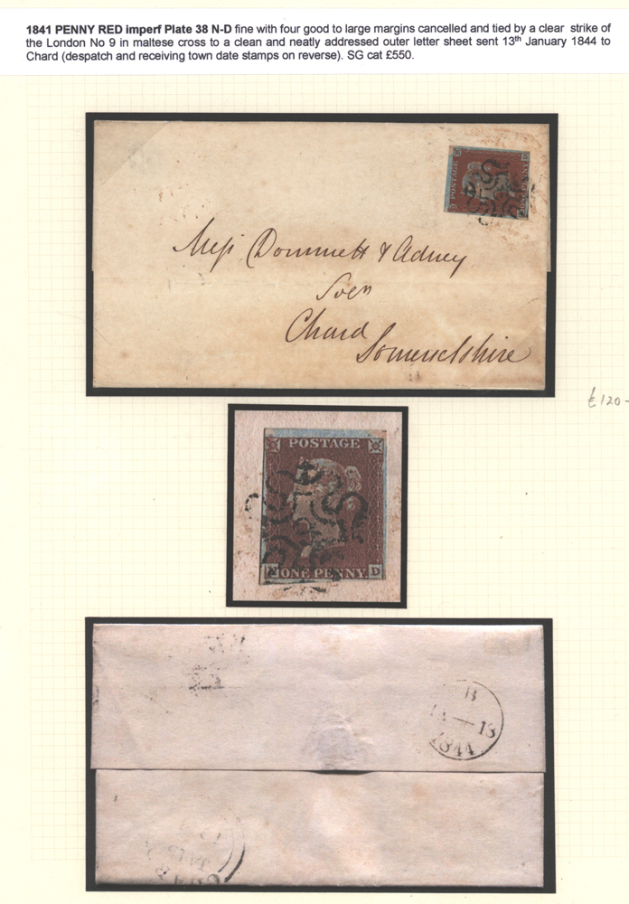1841 Penny Red ND Plate 38 on an outer lettersheet sent to Chard