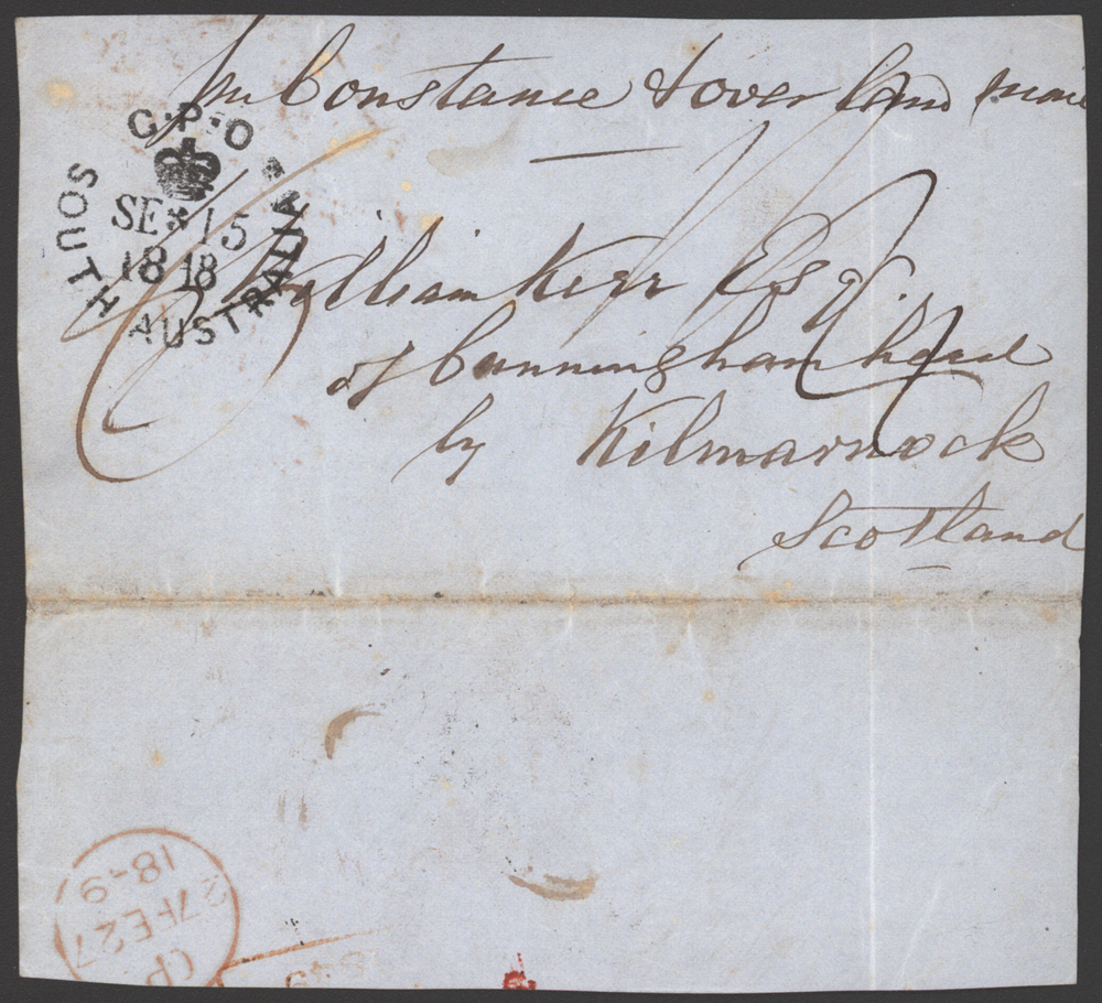 1848 part unpaid outer (front + flap) to UK charged 1/4d, fine GPO crown, South Australia unframed pmk.